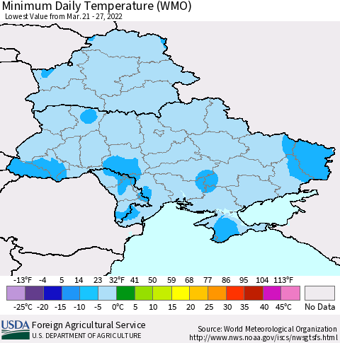 Ukraine, Moldova and Belarus Minimum Daily Temperature (WMO) Thematic Map For 3/21/2022 - 3/27/2022