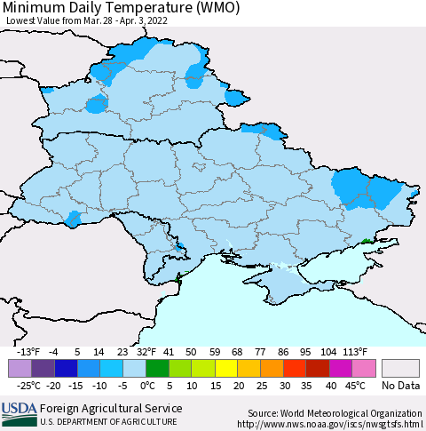 Ukraine, Moldova and Belarus Minimum Daily Temperature (WMO) Thematic Map For 3/28/2022 - 4/3/2022