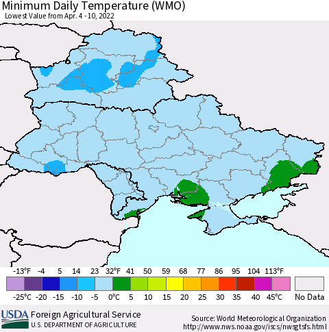 Ukraine, Moldova and Belarus Extreme Minimum Temperature (WMO) Thematic Map For 4/4/2022 - 4/10/2022