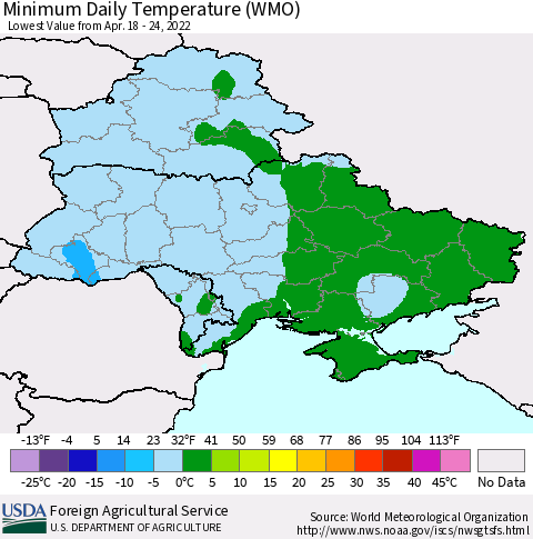 Ukraine, Moldova and Belarus Extreme Minimum Temperature (WMO) Thematic Map For 4/18/2022 - 4/24/2022