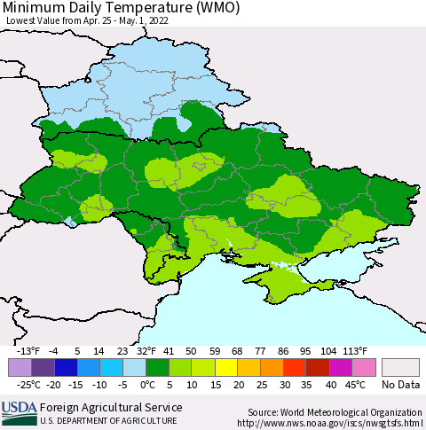 Ukraine, Moldova and Belarus Extreme Minimum Temperature (WMO) Thematic Map For 4/25/2022 - 5/1/2022
