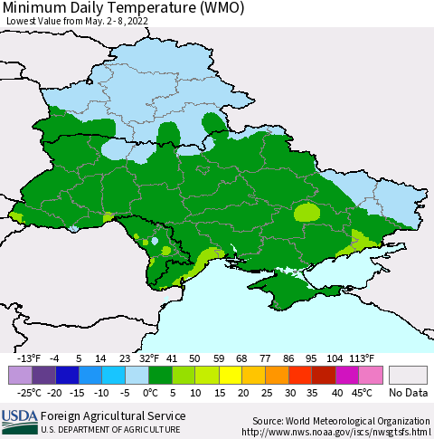 Ukraine, Moldova and Belarus Minimum Daily Temperature (WMO) Thematic Map For 5/2/2022 - 5/8/2022