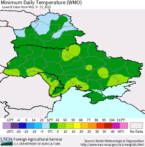 Ukraine, Moldova and Belarus Minimum Daily Temperature (WMO) Thematic Map For 5/9/2022 - 5/15/2022