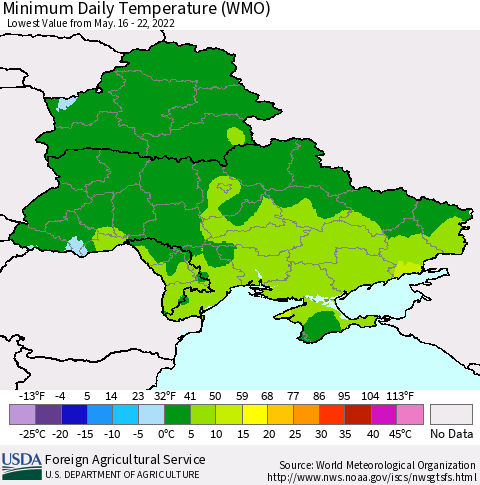 Ukraine, Moldova and Belarus Extreme Minimum Temperature (WMO) Thematic Map For 5/16/2022 - 5/22/2022
