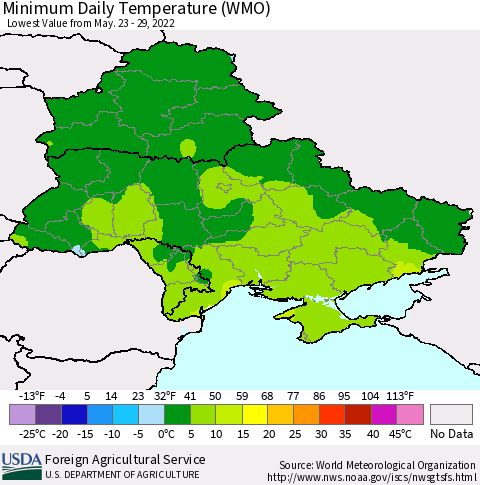 Ukraine, Moldova and Belarus Minimum Daily Temperature (WMO) Thematic Map For 5/23/2022 - 5/29/2022