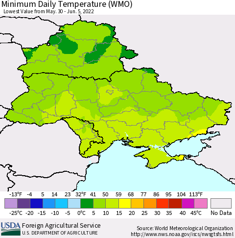 Ukraine, Moldova and Belarus Minimum Daily Temperature (WMO) Thematic Map For 5/30/2022 - 6/5/2022