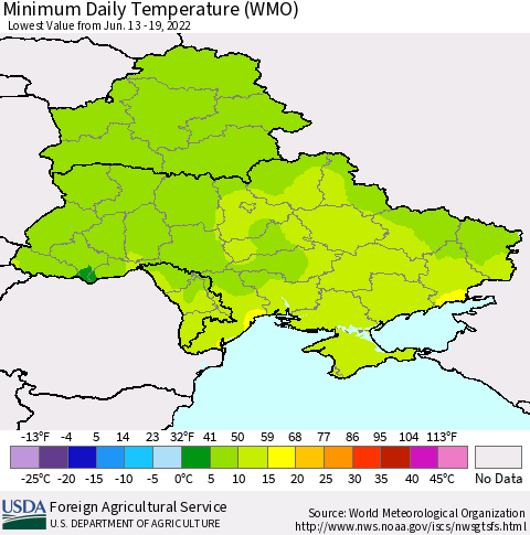 Ukraine, Moldova and Belarus Extreme Minimum Temperature (WMO) Thematic Map For 6/13/2022 - 6/19/2022