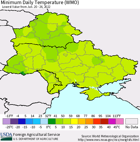 Ukraine, Moldova and Belarus Minimum Daily Temperature (WMO) Thematic Map For 6/20/2022 - 6/26/2022