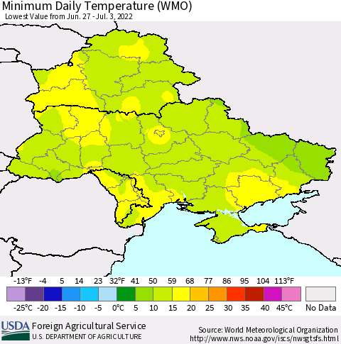Ukraine, Moldova and Belarus Minimum Daily Temperature (WMO) Thematic Map For 6/27/2022 - 7/3/2022