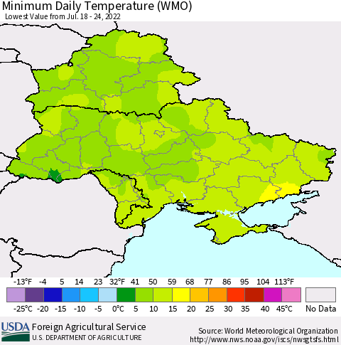 Ukraine, Moldova and Belarus Minimum Daily Temperature (WMO) Thematic Map For 7/18/2022 - 7/24/2022