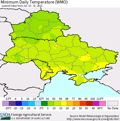 Ukraine, Moldova and Belarus Minimum Daily Temperature (WMO) Thematic Map For 7/25/2022 - 7/31/2022