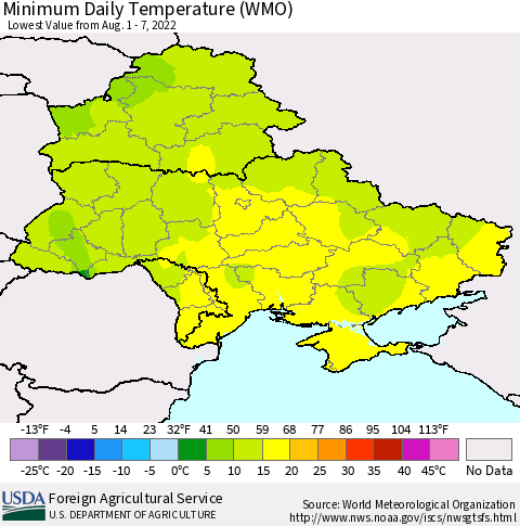 Ukraine, Moldova and Belarus Minimum Daily Temperature (WMO) Thematic Map For 8/1/2022 - 8/7/2022