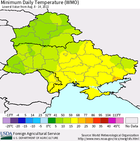 Ukraine, Moldova and Belarus Minimum Daily Temperature (WMO) Thematic Map For 8/8/2022 - 8/14/2022