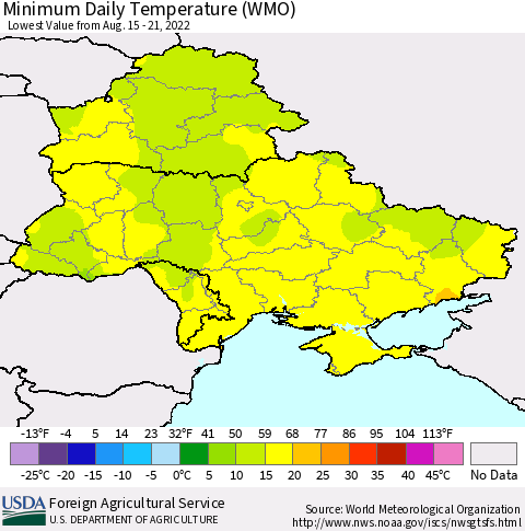 Ukraine, Moldova and Belarus Minimum Daily Temperature (WMO) Thematic Map For 8/15/2022 - 8/21/2022