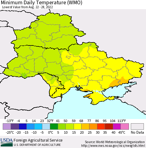 Ukraine, Moldova and Belarus Minimum Daily Temperature (WMO) Thematic Map For 8/22/2022 - 8/28/2022