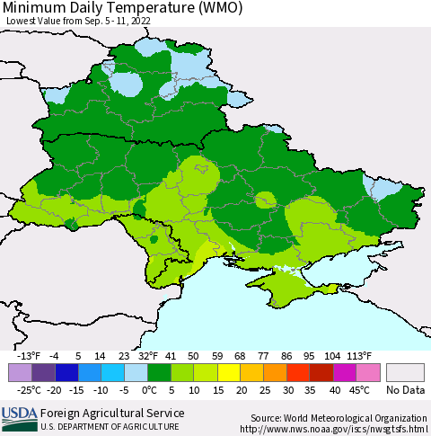 Ukraine, Moldova and Belarus Minimum Daily Temperature (WMO) Thematic Map For 9/5/2022 - 9/11/2022