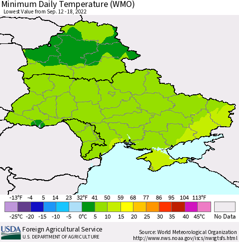 Ukraine, Moldova and Belarus Minimum Daily Temperature (WMO) Thematic Map For 9/12/2022 - 9/18/2022
