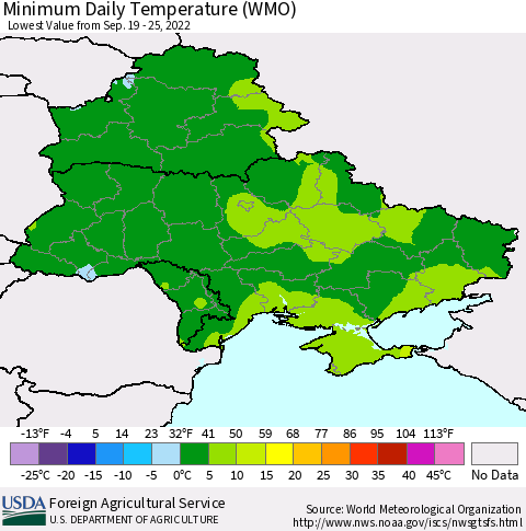 Ukraine, Moldova and Belarus Minimum Daily Temperature (WMO) Thematic Map For 9/19/2022 - 9/25/2022