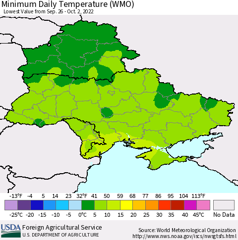 Ukraine, Moldova and Belarus Minimum Daily Temperature (WMO) Thematic Map For 9/26/2022 - 10/2/2022
