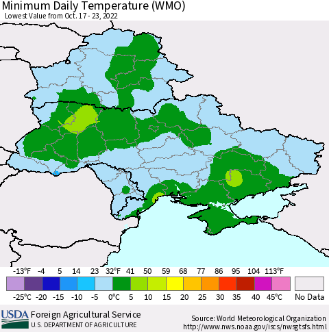 Ukraine, Moldova and Belarus Minimum Daily Temperature (WMO) Thematic Map For 10/17/2022 - 10/23/2022