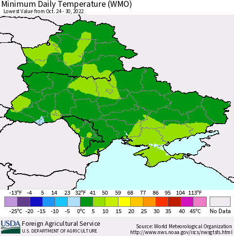 Ukraine, Moldova and Belarus Minimum Daily Temperature (WMO) Thematic Map For 10/24/2022 - 10/30/2022