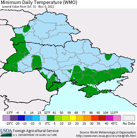 Ukraine, Moldova and Belarus Minimum Daily Temperature (WMO) Thematic Map For 10/31/2022 - 11/6/2022