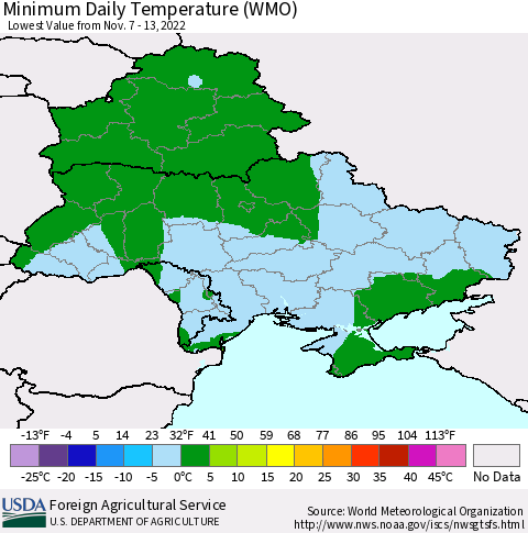 Ukraine, Moldova and Belarus Minimum Daily Temperature (WMO) Thematic Map For 11/7/2022 - 11/13/2022