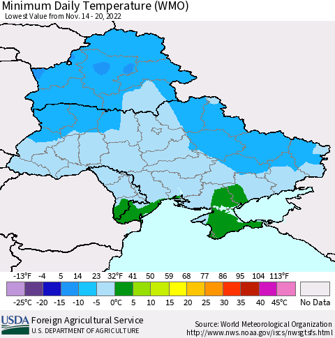 Ukraine, Moldova and Belarus Minimum Daily Temperature (WMO) Thematic Map For 11/14/2022 - 11/20/2022