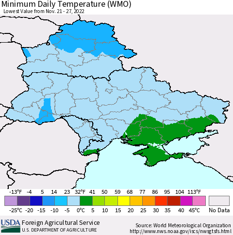 Ukraine, Moldova and Belarus Minimum Daily Temperature (WMO) Thematic Map For 11/21/2022 - 11/27/2022