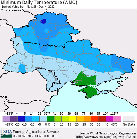 Ukraine, Moldova and Belarus Minimum Daily Temperature (WMO) Thematic Map For 11/28/2022 - 12/4/2022