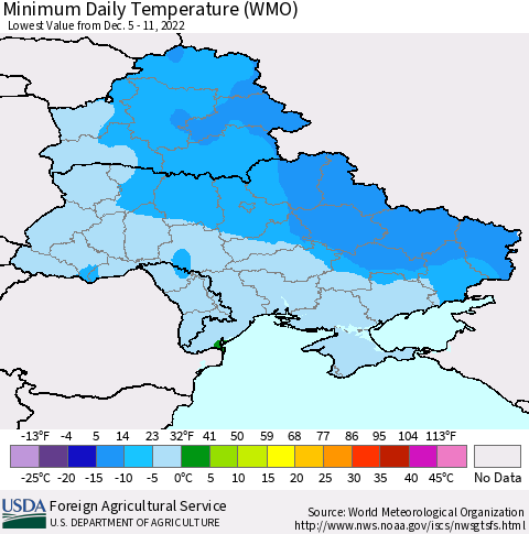 Ukraine, Moldova and Belarus Minimum Daily Temperature (WMO) Thematic Map For 12/5/2022 - 12/11/2022