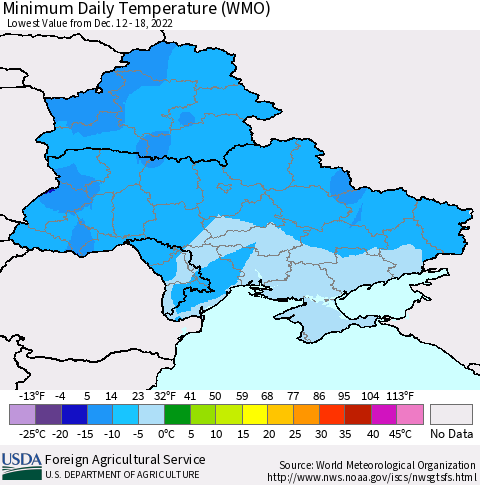 Ukraine, Moldova and Belarus Minimum Daily Temperature (WMO) Thematic Map For 12/12/2022 - 12/18/2022