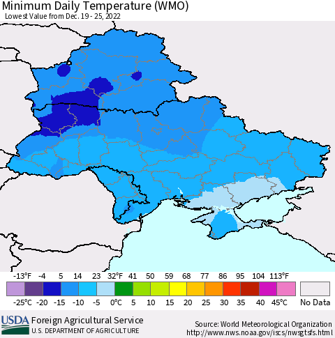 Ukraine, Moldova and Belarus Minimum Daily Temperature (WMO) Thematic Map For 12/19/2022 - 12/25/2022