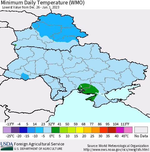 Ukraine, Moldova and Belarus Minimum Daily Temperature (WMO) Thematic Map For 12/26/2022 - 1/1/2023