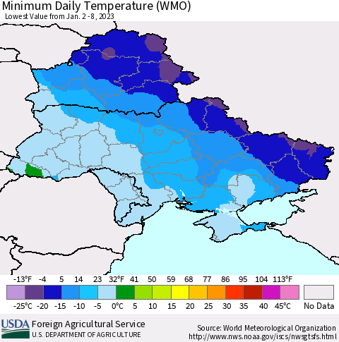 Ukraine, Moldova and Belarus Minimum Daily Temperature (WMO) Thematic Map For 1/2/2023 - 1/8/2023