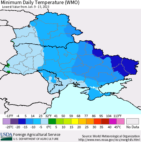 Ukraine, Moldova and Belarus Minimum Daily Temperature (WMO) Thematic Map For 1/9/2023 - 1/15/2023
