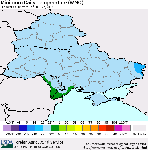 Ukraine, Moldova and Belarus Minimum Daily Temperature (WMO) Thematic Map For 1/16/2023 - 1/22/2023
