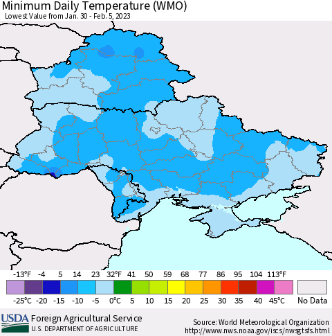 Ukraine, Moldova and Belarus Minimum Daily Temperature (WMO) Thematic Map For 1/30/2023 - 2/5/2023
