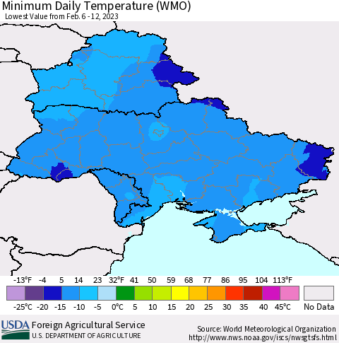 Ukraine, Moldova and Belarus Minimum Daily Temperature (WMO) Thematic Map For 2/6/2023 - 2/12/2023