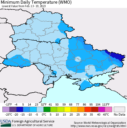 Ukraine, Moldova and Belarus Minimum Daily Temperature (WMO) Thematic Map For 2/13/2023 - 2/19/2023