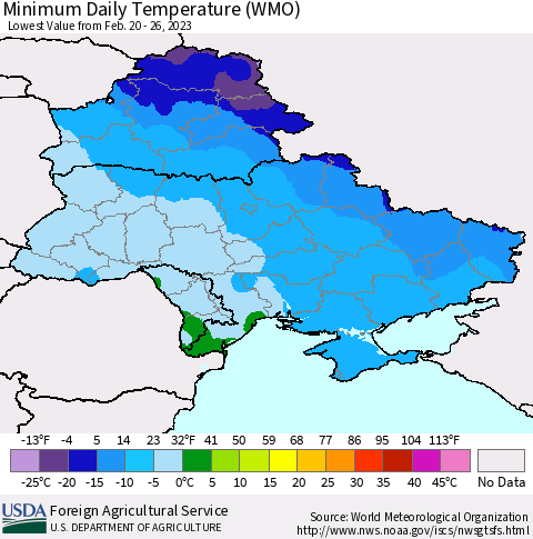 Ukraine, Moldova and Belarus Minimum Daily Temperature (WMO) Thematic Map For 2/20/2023 - 2/26/2023