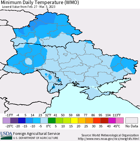 Ukraine, Moldova and Belarus Minimum Daily Temperature (WMO) Thematic Map For 2/27/2023 - 3/5/2023