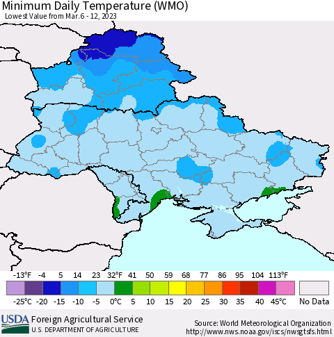 Ukraine, Moldova and Belarus Minimum Daily Temperature (WMO) Thematic Map For 3/6/2023 - 3/12/2023