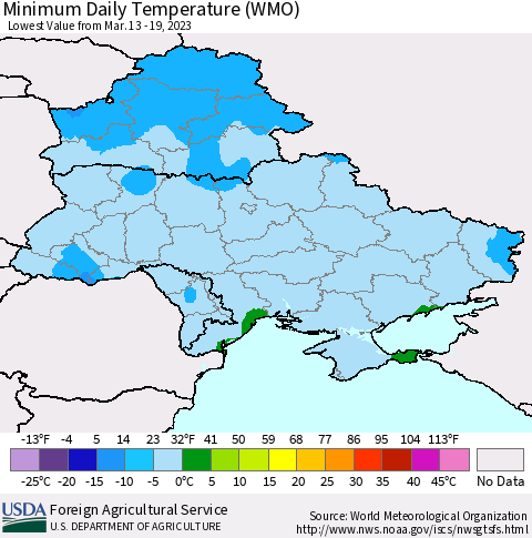 Ukraine, Moldova and Belarus Minimum Daily Temperature (WMO) Thematic Map For 3/13/2023 - 3/19/2023
