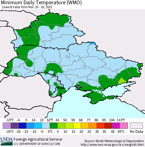 Ukraine, Moldova and Belarus Minimum Daily Temperature (WMO) Thematic Map For 3/20/2023 - 3/26/2023