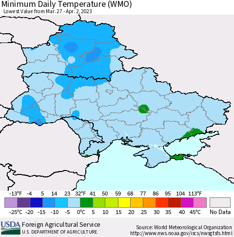 Ukraine, Moldova and Belarus Minimum Daily Temperature (WMO) Thematic Map For 3/27/2023 - 4/2/2023