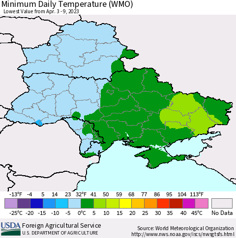 Ukraine, Moldova and Belarus Minimum Daily Temperature (WMO) Thematic Map For 4/3/2023 - 4/9/2023