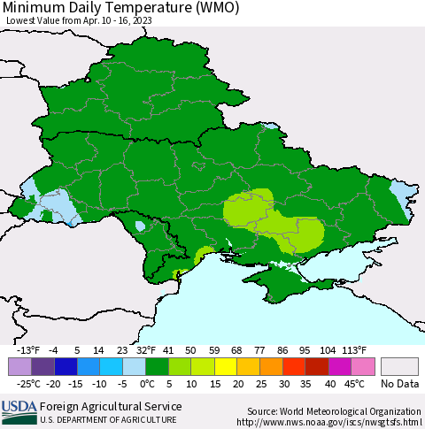 Ukraine, Moldova and Belarus Minimum Daily Temperature (WMO) Thematic Map For 4/10/2023 - 4/16/2023