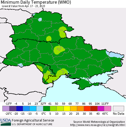 Ukraine, Moldova and Belarus Minimum Daily Temperature (WMO) Thematic Map For 4/17/2023 - 4/23/2023