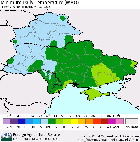 Ukraine, Moldova and Belarus Minimum Daily Temperature (WMO) Thematic Map For 4/24/2023 - 4/30/2023